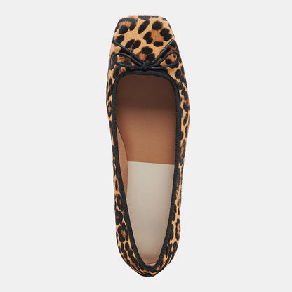 Brown Leopard Printed Square Toe Ballet Flats with Bow Strap