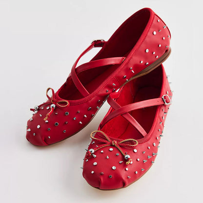 Red Round Toe Studded Mary Jane Ballet Flats with Bow Decor