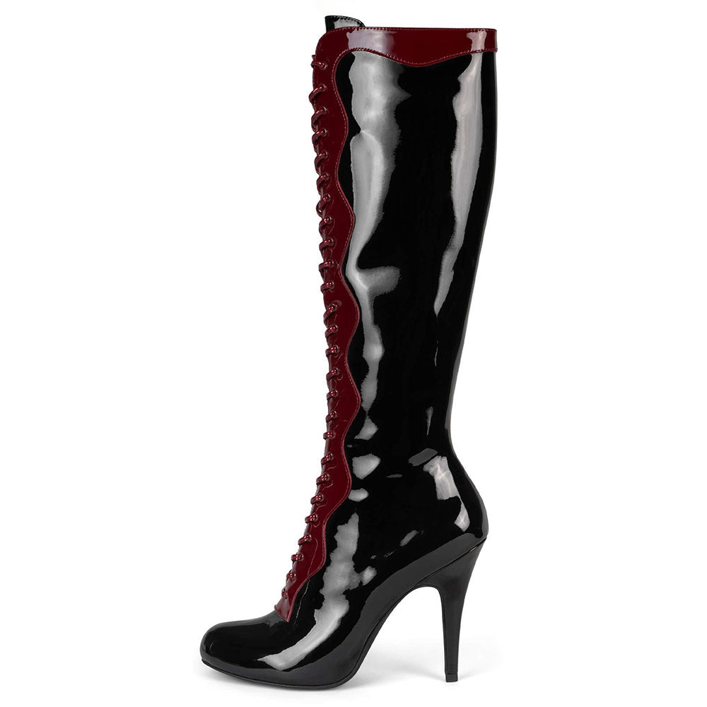 Black & Red Patent Leather Lace-Up Stiletto Heel Knee High Boots