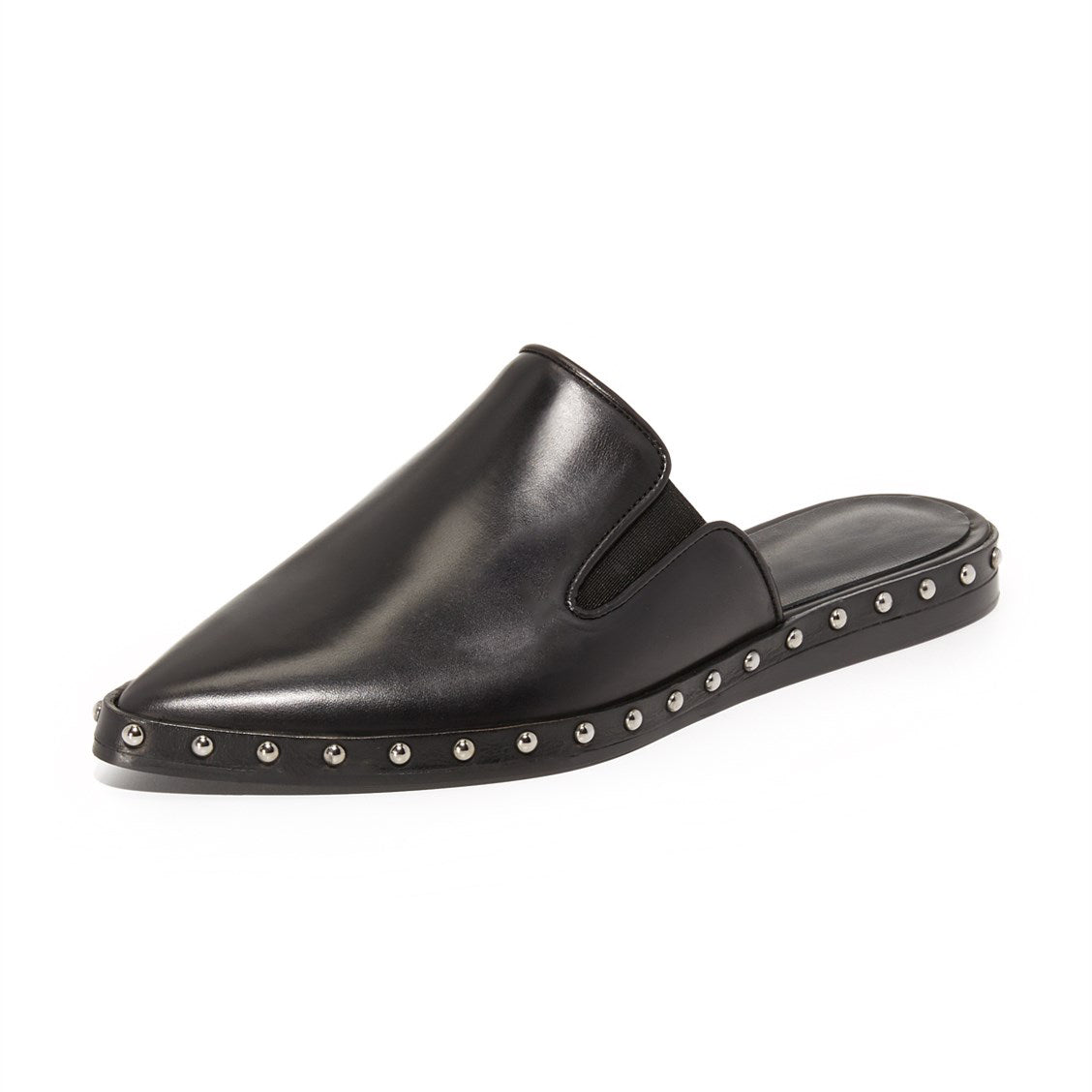 Stylish Black Pointed-Toe Studded Trim Flat Mule Loafers