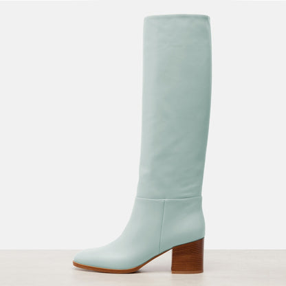 Light Blue Round Toe Block Heel Vegan Leather Knee High Boots