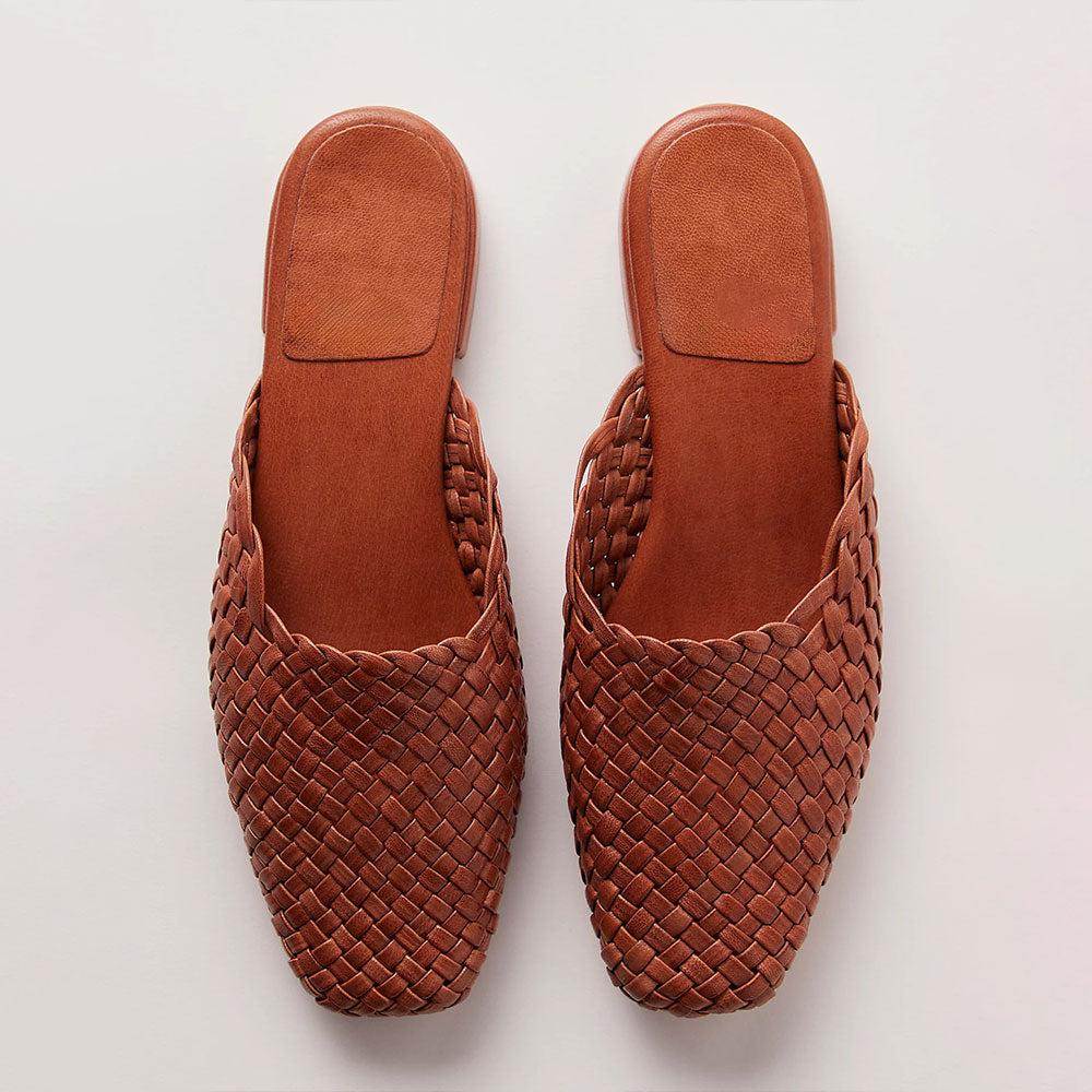 Brown Vegan Leather Square-Toe Woven Slip-On Lady's Formal Flats