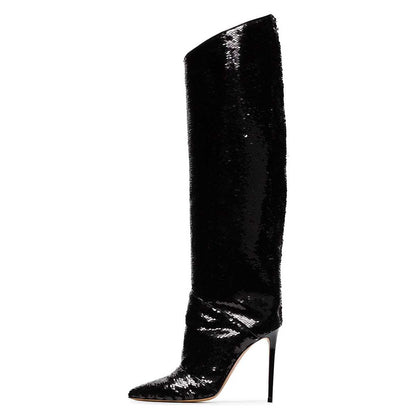 Black Sequined Stiletto Heel Zip Closure Pointed Toe Knee High Boots