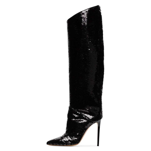 Black Sequined Stiletto Heel Zip Closure Pointed Toe Knee High Boots