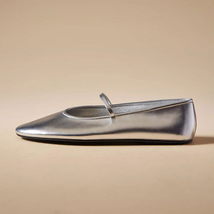 Silver Vegan Leather Round Toe Buckle Mary Jane Ballet Flats