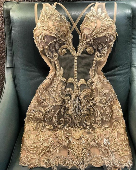 Enchanting Champagne Embroidery Beaded Homecoming Dress Sheath Party Dress Short Cocktail Dress TP4660