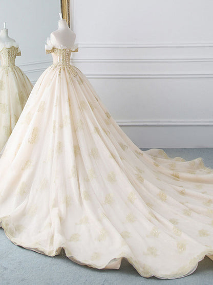 Princesse De Luxe Off The Shoulder Short Sleeve Beaded Sequins Appliques Luxury Princess Ball Gown Wedding Dress prom dress evening dress    cg20437