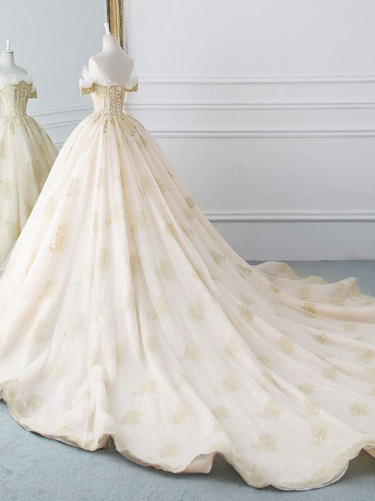 Princesse De Luxe Off The Shoulder Short Sleeve Beaded Sequins Appliques Luxury Princess Ball Gown Wedding Dress prom dress evening dress    cg20437