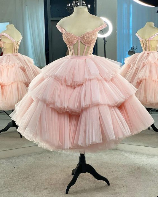 Vintage Shiny Pink A-Line Homecoming Dress Off-the-shoulder Party Dress Tulle Cocktail Dress TP4654
