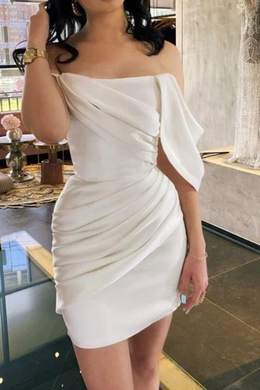 Vintage White Sheath Homecoming Dress Off-the-shoulder Party Dress Short Cocktail Dress TP4621
