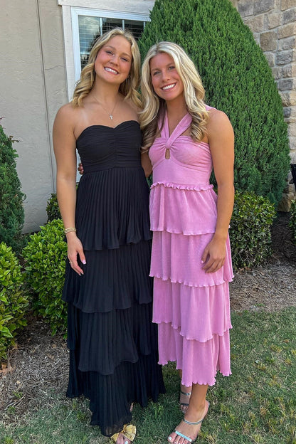 Strapless Pink Pleated Tiered A-line Long Dress Formal Gown