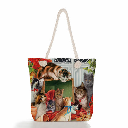 Women'S Cute Cat Print Thick Rope Travel Shopping Bag