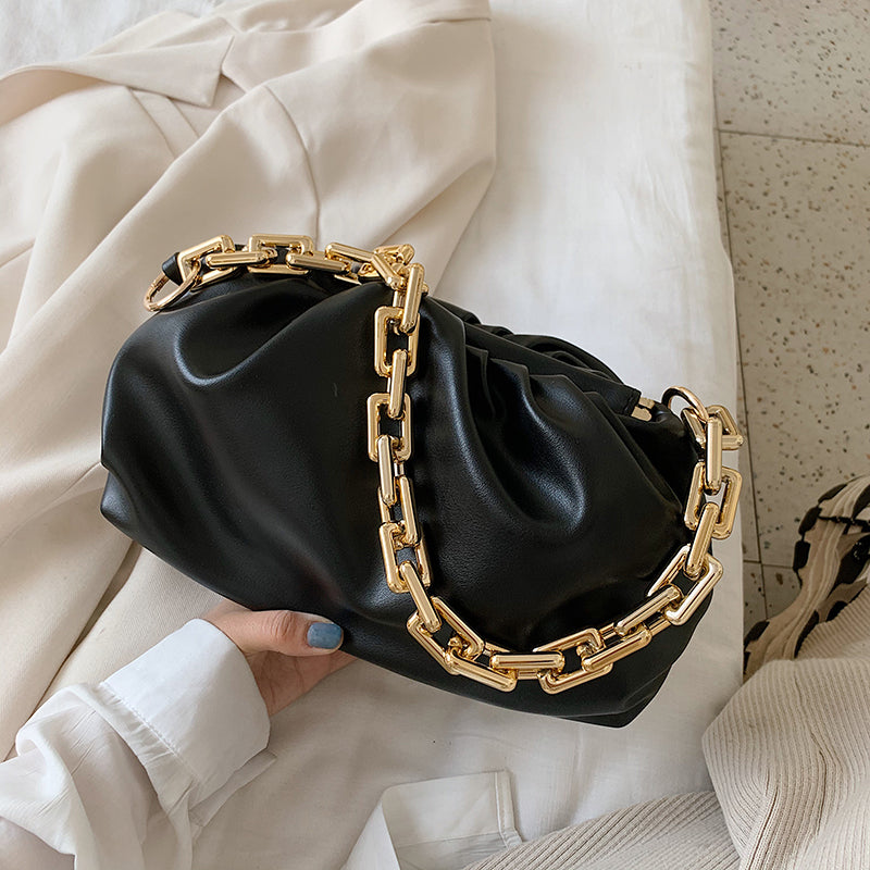 Women Creative Thick Chain Crease Design Solid Color PU Underarm Bag