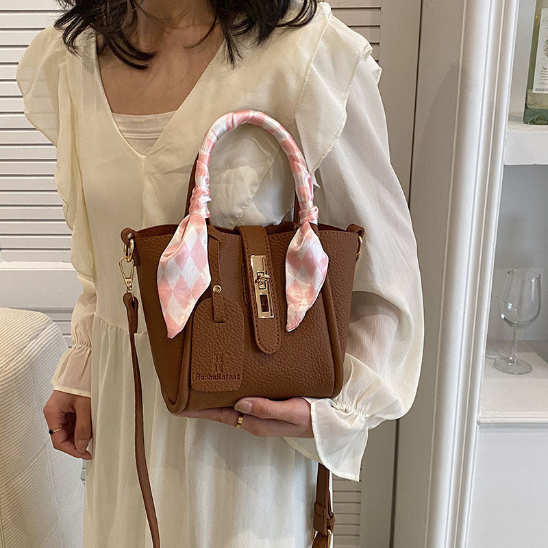 Women Simple Fashion Silk Scarf Decorative Lock PU Handle Shoulder Bag