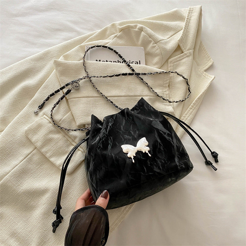 Summer Women Fashionable Solid Color Butterfly Decoration Drawstring Bucket Crossbody Bag