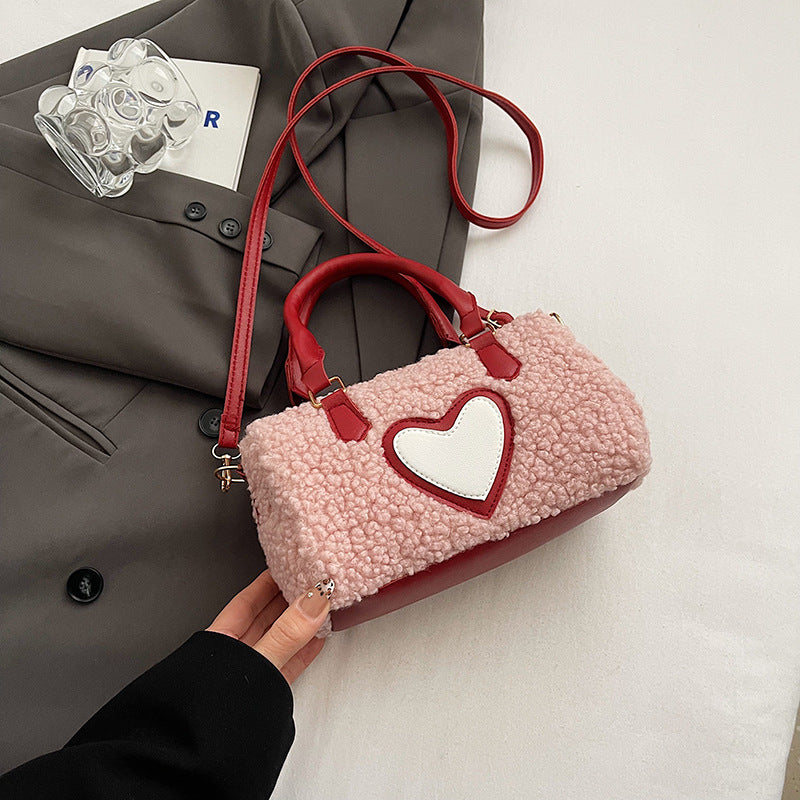 Women Fashion Casual Plush Heart Zipper Handbag