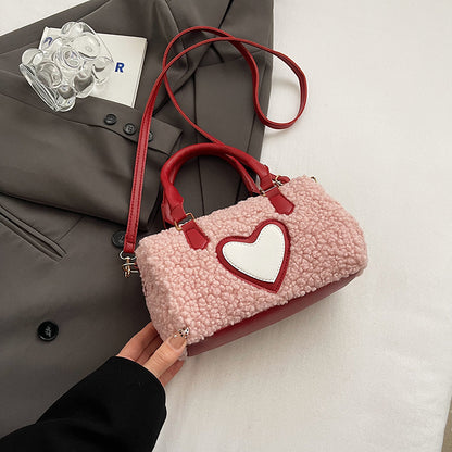 Women Fashion Casual Plush Heart Zipper Handbag