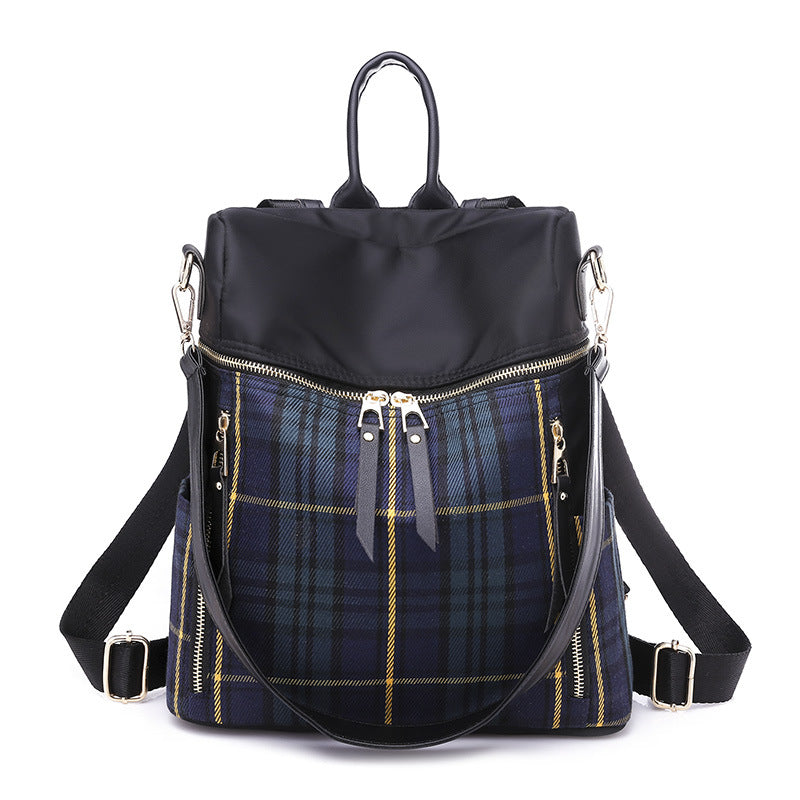 Nylon Travel Outdoor Waterproof Women Casual Zipper Design Plaid Pattern Solid Color Large Capacity Backpack