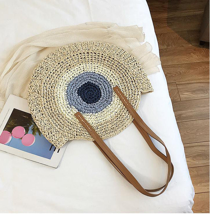 Sac à bandoulière tissé en paille de grande capacité pour femme, design pastoral, couleurs contrastées, avec poignée 