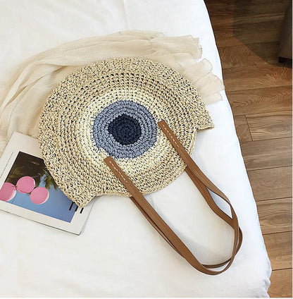 Sac à bandoulière tissé en paille de grande capacité pour femme, design pastoral, couleurs contrastées, avec poignée 