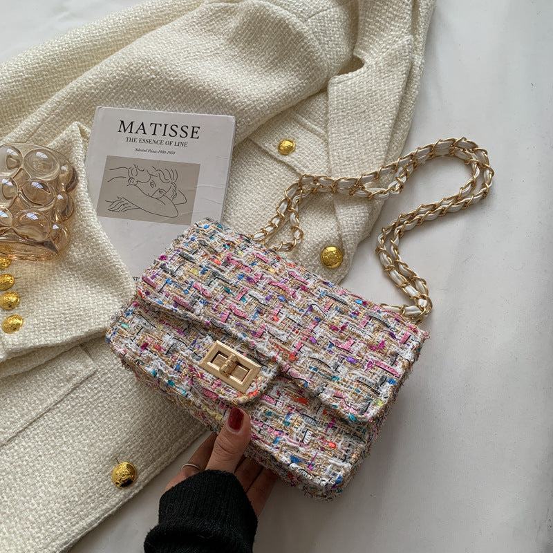 Women Fashionable Woolen Multicolor Plaid Flap Lock Square Chain Shoulder Crossbody Bag