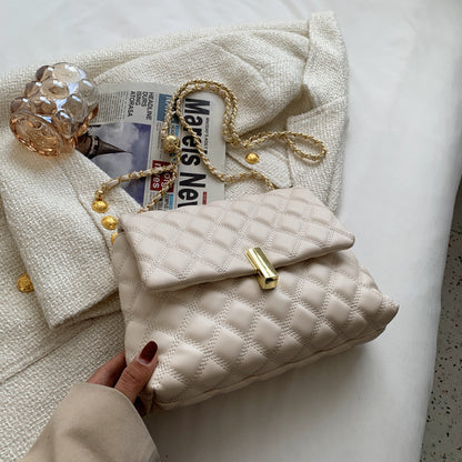 Women Basic Flap Buckle Design Rhombus Stitching Solid Color PU Shoulder Bag