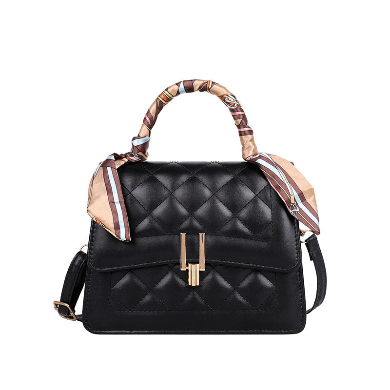 Women Elegant Silk Scarf Decorated Flap Buckle Design Rhombus Stitching Solid Color PU Crossbody Bag