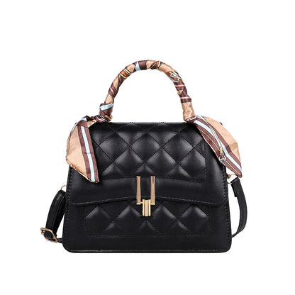 Women Elegant Silk Scarf Decorated Flap Buckle Design Rhombus Stitching Solid Color PU Crossbody Bag