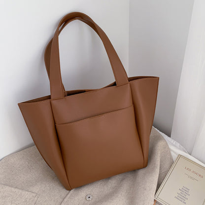 Women Fashion Basic Solid Color Large Capacity PU Shoulder Bag