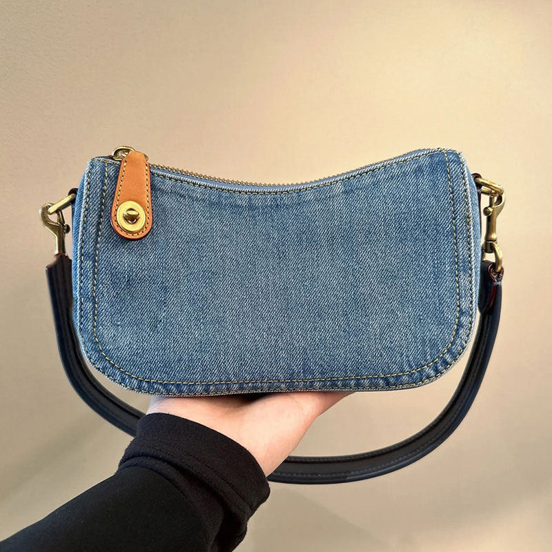 Women Fashion Casual Denim Zipper Baguette Shoulder Bag