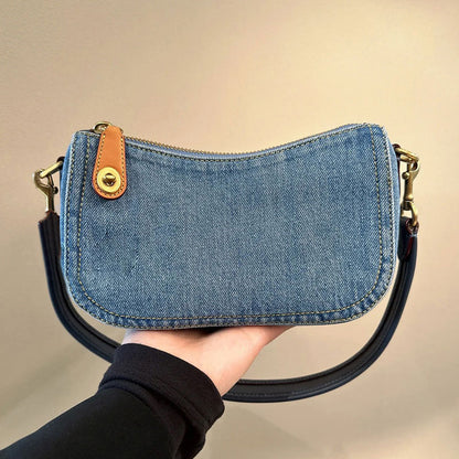 Women Fashion Casual Denim Zipper Baguette Shoulder Bag
