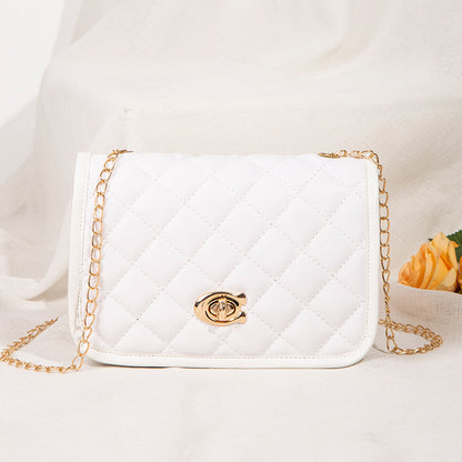 Women Fashion Simple Solid Color Metal Buckle Flap Quilted Square Chain Crossbody Bag