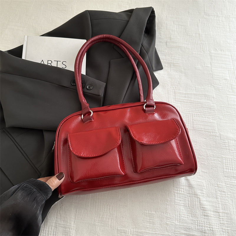 Sac à bandoulière décontracté rétro à double poche pour femme, couleur unie 