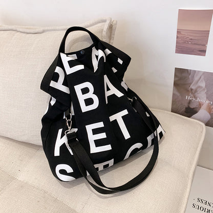 Sac à bandoulière en toile grande capacité pour femme, style décontracté, motif lettres 