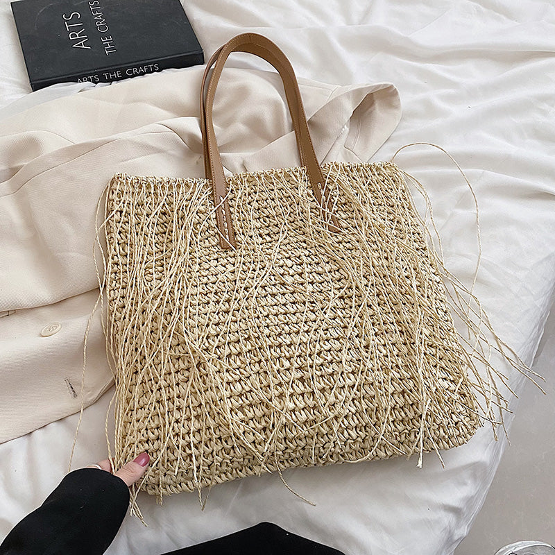 Women Casual Tassel Decoration Solid Color Large Capacity Straw Shoulder Bag