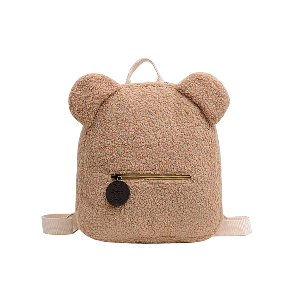 Women Cute Bear Shape Zipper Design Solid Color Plush Backpack