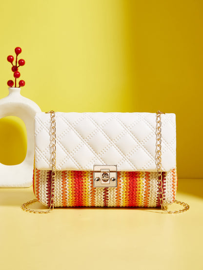 Sac à bandoulière carré en diamant tissé multicolore pour femme 