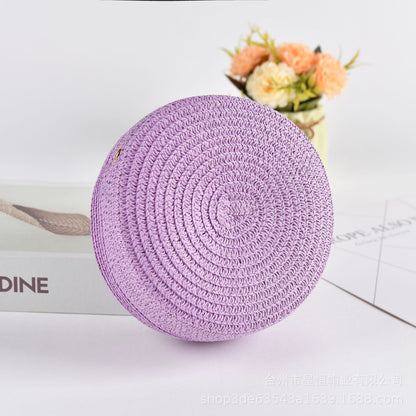 Summer Women Fashion Solid Color Vacation Beach Straw Woven Round Shoulder Crossbody Mini Bag