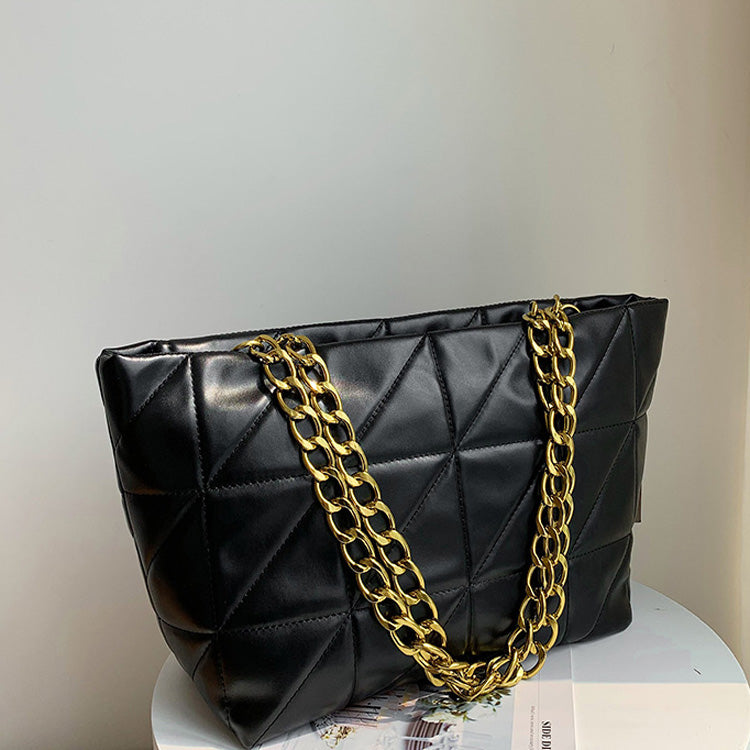 Women Basic Casual Chain Design Solid Color Large Capacity PU Tote Shoulder Bag