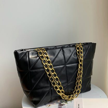 Women Basic Casual Chain Design Solid Color Large Capacity PU Tote Shoulder Bag