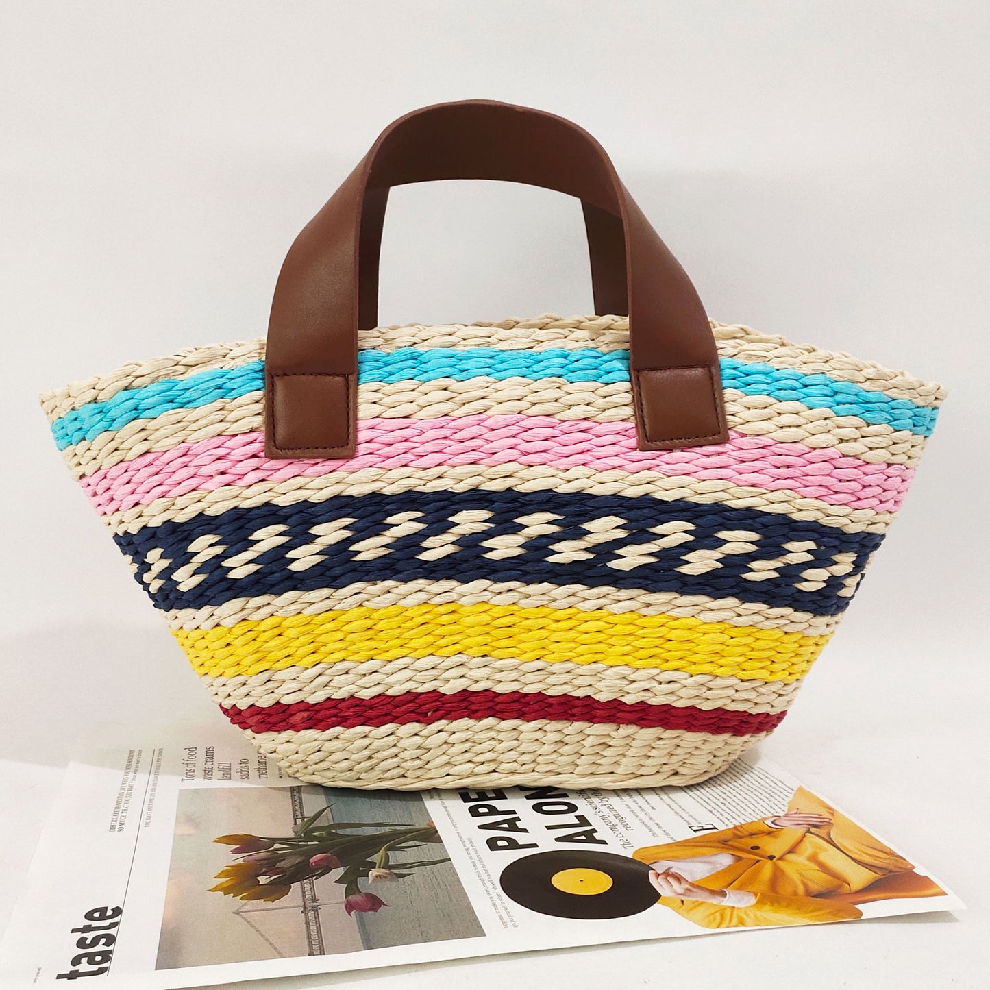 Women Fashion Bohemian Straw Bag Contrast Color Stripe Large Capacity Handbag