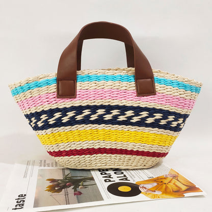 Women Fashion Bohemian Straw Bag Contrast Color Stripe Large Capacity Handbag