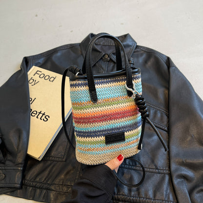 Sac à bandoulière en paille tissée pour téléphone portable, couleur contrastée, tendance, pour les vacances, pour femmes 