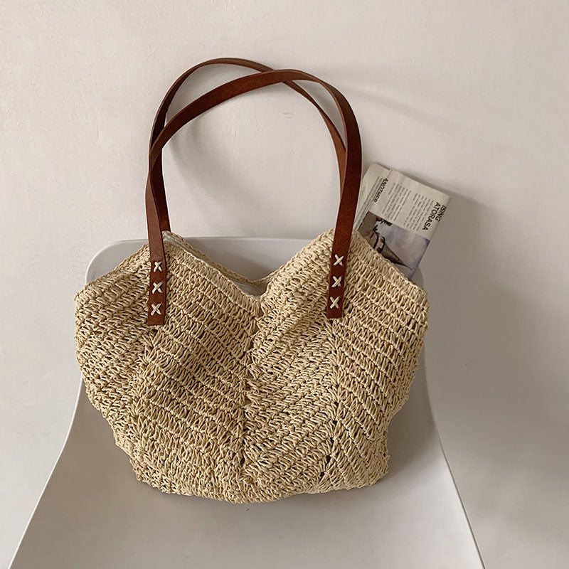 Sac à bandoulière en paille pour femme, décontracté, tissé creux, couleur unie, grande capacité 