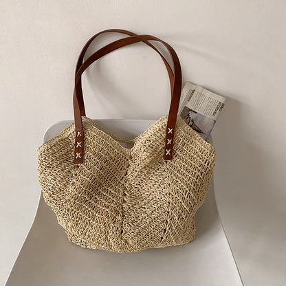 Sac à bandoulière en paille pour femme, décontracté, tissé creux, couleur unie, grande capacité 