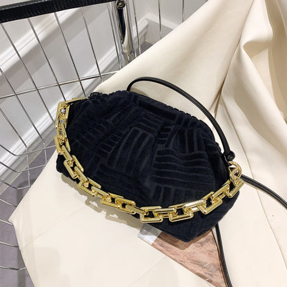Women Casual Thick Chain Crease Design Solid Color Soft Fabric Crossbody Clutch Bag