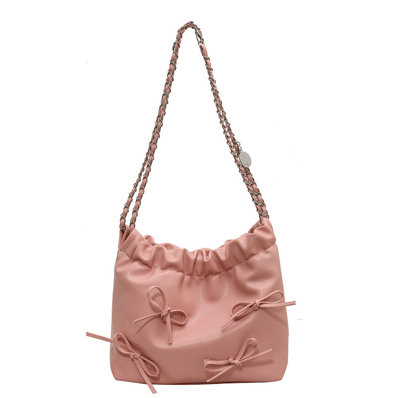 Sac seau à bandoulière en PU pour femme, simple et tendance, couleur unie, avec nœud 