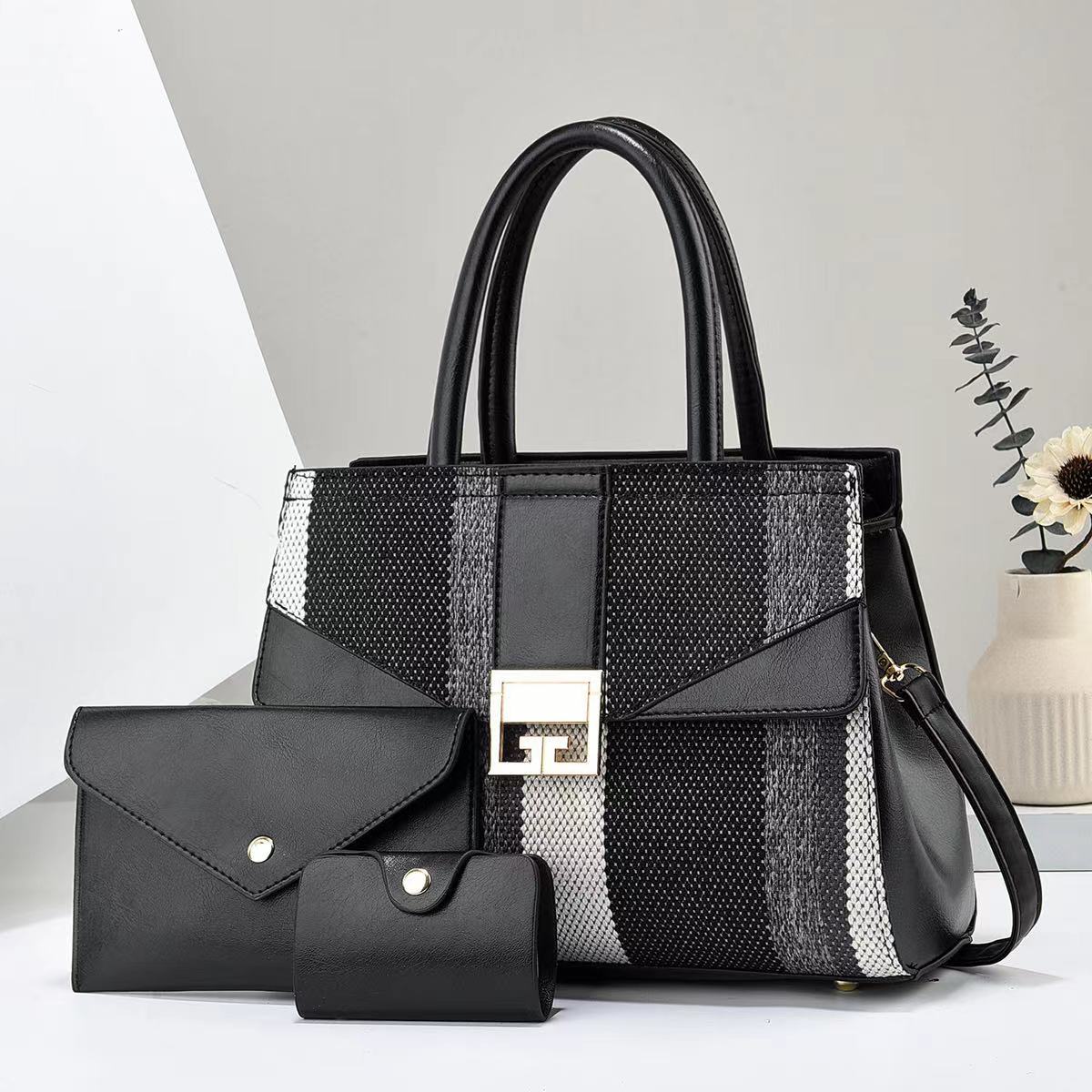 Women Fashion Casual Color Block Stripe Handbag Three-Piece Set