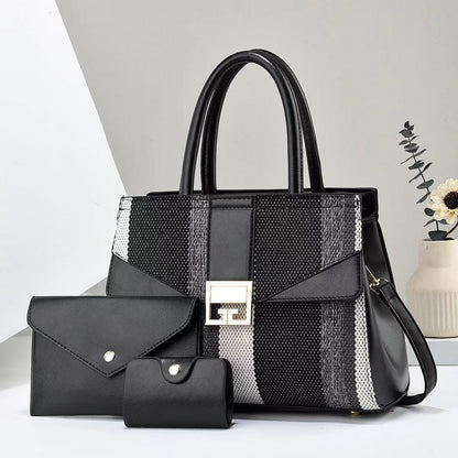 Women Fashion Casual Color Block Stripe Handbag Three-Piece Set