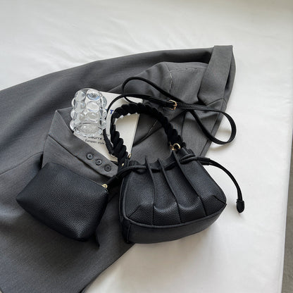 Women Fashionable Simple Solid Color Creased Strap PU Bucket Crossbody Bag